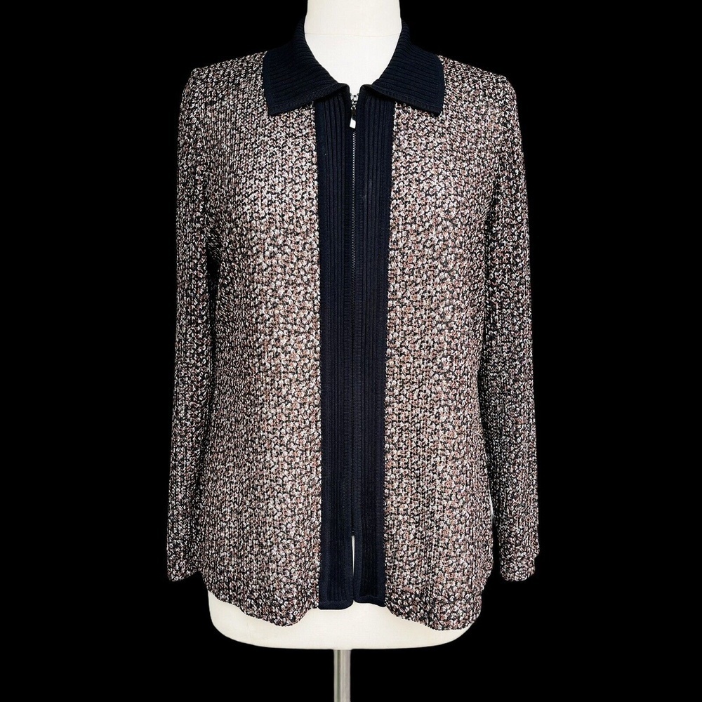 MISOOK Lightweight Jacket Size M Black Brown Zip Front Long Sleeves Old Money